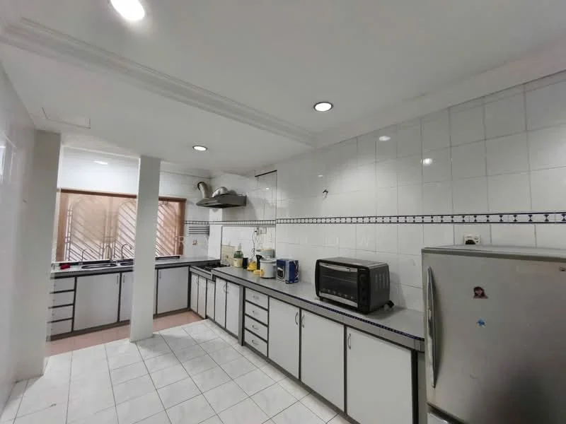Kitchen features: white tiled walls, grey tiled flooring, ceiling with recessed downlights, stainless-steel range hood, single-bowl stainless-steel sink, chrome pull-down faucet, built-in oven, microwave, toaster, stainless-steel fridge, white cabinetry with handles, countertop with tiled backsplash, window with security bars, open layout; style: modern.