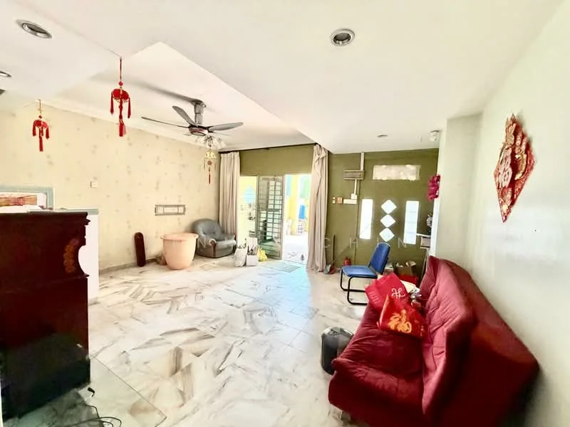 Living features: marble tile flooring, white painted walls, ceiling fan, sofa in red fabric, decorative wall art, curtains, floor-to-ceiling windows, door leading to outdoor area, light fixtures, seating area with chair, decorative elements, open layout; style: modern; view: garden.