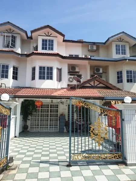 Exterior type: linked terrace house; features: two-storey building, white painted facade, red tiled roof, decorative wrought iron gate, checkerboard patterned driveway, multiple air conditioning units visible, front porch area, mature potted plants, window shutters, balconies with decorative eaves; style: modern.
