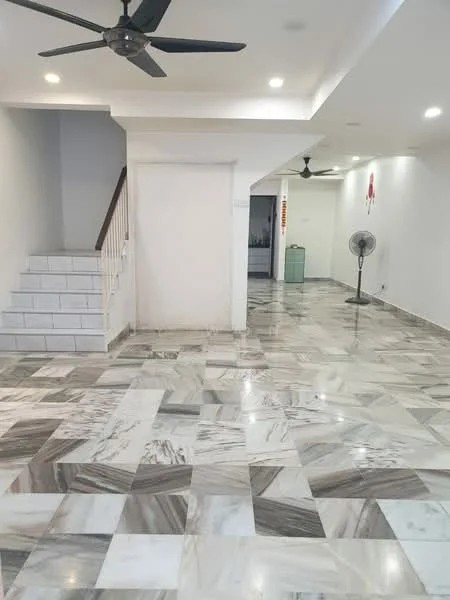 Room features: marble flooring, white painted walls, ceiling with recessed lighting, 2 ceiling fans, staircase with white railing, open layout, large space, natural light from windows; style: modern.