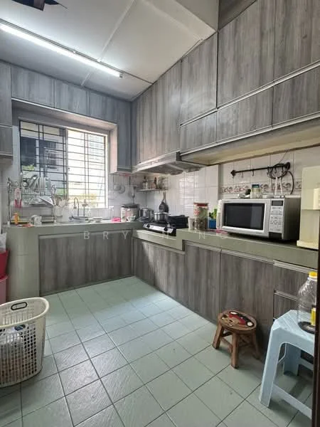 Kitchen features: grey laminate cabinetry, green countertop, single-bowl stainless-steel sink, chrome pull-down faucet, built-in microwave, freestanding range oven, tile backsplash, window with metal grille, light grey tile flooring, kitchen stool, plastic laundry basket; style: modern.