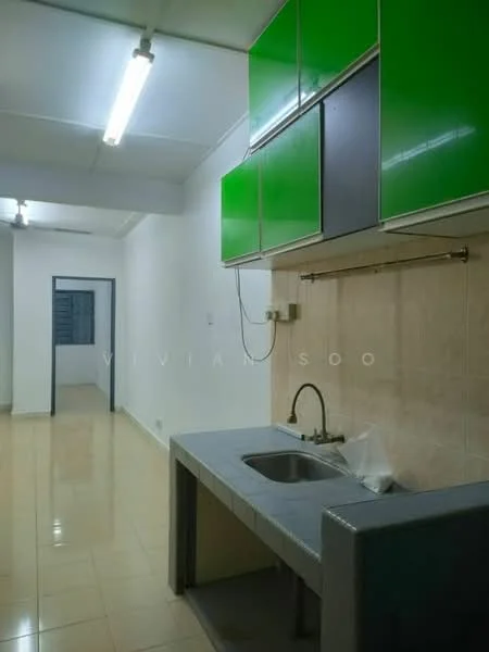 Kitchen features: green upper cabinets, grey lower cabinets, single-bowl stainless-steel sink, chrome pull-down faucet, wall-mounted tap, tile backsplash, cream tiled walls, glossy tiled flooring, fluorescent ceiling lights; style: modern.