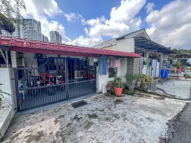 Exterior type: linked terrace house; features: red tiled roof, white painted facade, stone cladding on wall, open-air parking area, manicured plants in pots, concrete driveway, two-storey structure, surrounded by urban landscape, visible neighboring buildings, outdoor laundry area with clothes hanging; style: modern.