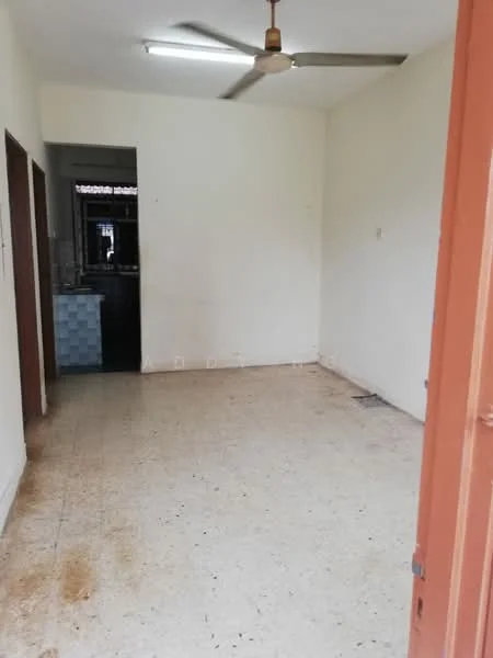 Room features: plain white walls, tile flooring, ceiling fan, doorway leading to another room, no visible furniture, natural light from doorway, unpainted ceiling, clean but worn flooring.