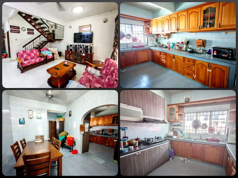 Living features: 3-seater fabric sofa in pink, wooden coffee table, TV console, wall-mounted TV, decorative wall clock, ceiling fan, light-colored tiled flooring, white painted walls; style: modern. Kitchen features: L-shaped kitchen layout, wooden cabinetry, grey countertop, stainless-steel sink, built-in oven, microwave, stainless-steel range hood, 4-burner gas hob, tile backsplash, light-colored tiled flooring; style: modern. Dining features: wooden dining table for 6, wooden dining chairs, light-colored tiled flooring, white painted walls; style: modern.