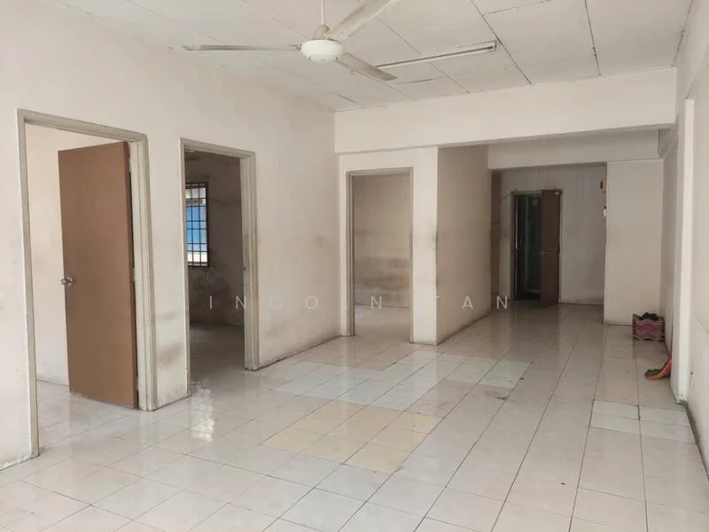 Room features: white painted walls, white tiled flooring, ceiling fan, multiple doorways, window with no treatments, plain ceiling, neutral color scheme, open layout; style: minimalist.