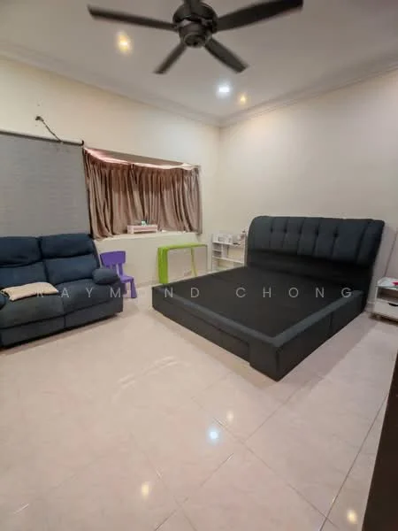 Room features: grey upholstered bed with headboard, black mattress, blue fabric sofa, cream curtains, white walls, tile flooring, ceiling fan, small side table, bookshelf, window with blinds; style: modern.