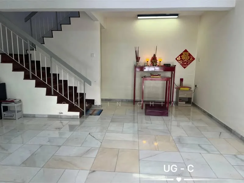 Living features: marble tile flooring, white painted walls, staircase with wooden steps, decorative altar, wall-mounted lighting, open layout, large windows, neutral color scheme; style: modern.