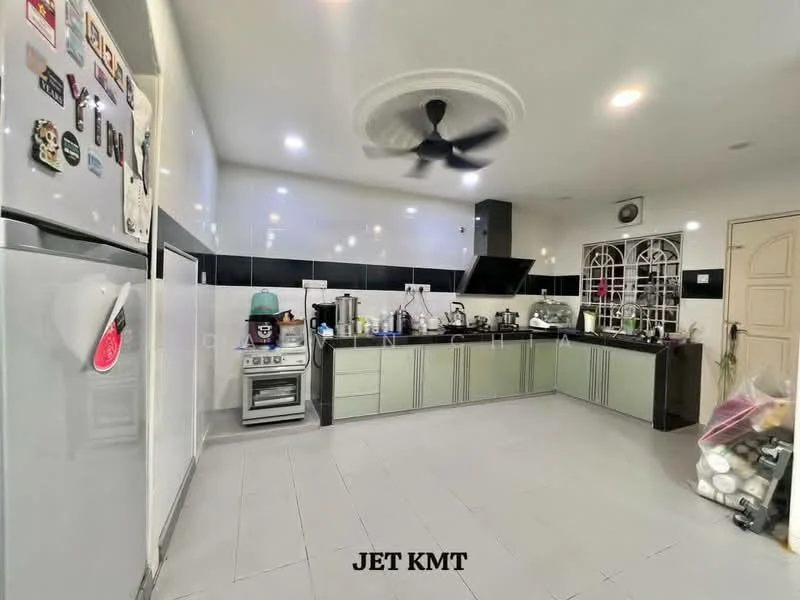 Kitchen features: grey cabinetry, black countertop, stainless-steel fridge, stainless-steel oven, 4-burner gas hob, black extractor hood, double-bowl stainless-steel sink, wall-mounted ceiling fan, white tiled flooring, black backsplash, open shelving, decorative wall art, kitchen utensils on countertop, window with grille, door to hallway; style: modern.