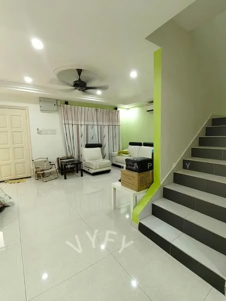 Living features: white walls, green accent wall, marble tile flooring, 5-blade ceiling fan with light, recessed LED downlights, sofa set in white, coffee table, curtains with sheer and blackout options, air conditioning unit, staircase with grey tiles; style: modern.