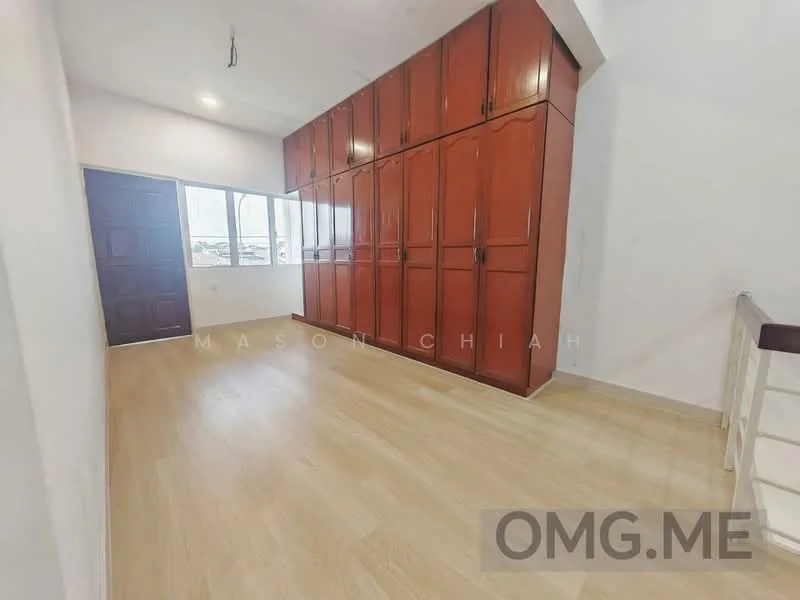 Bedroom features: light wood laminate flooring, white painted walls, built-in wooden wardrobe with multiple doors, large windows providing natural light, ceiling light fixture, door leading to hallway; style: modern; view: city.