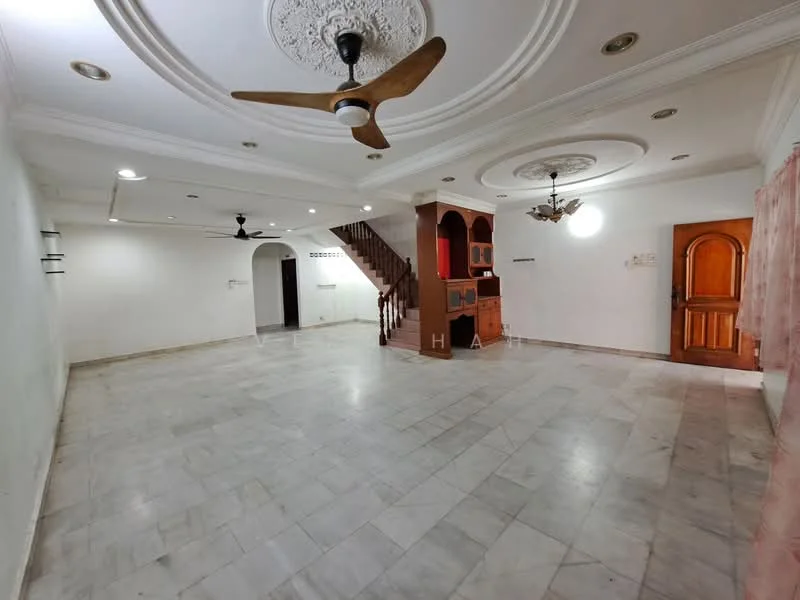 Living features: marble flooring, white painted walls, tray ceiling with decorative plaster, 5-blade ceiling fan, recessed downlights, wooden staircase, built-in wooden cabinetry, arched wooden door, large windows with sheer curtains, open layout; style: traditional.