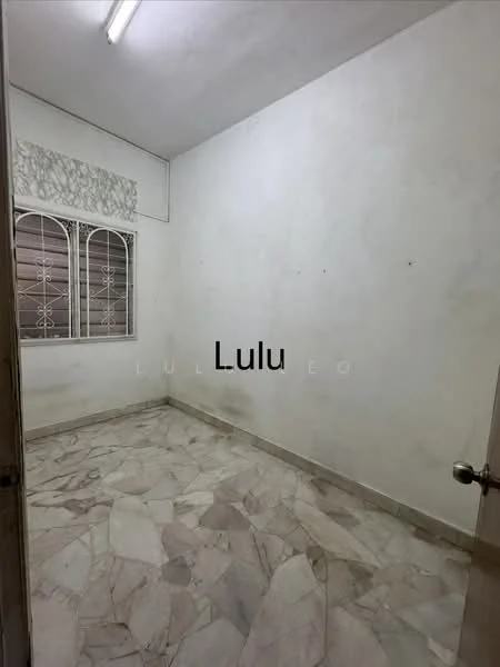 Room features: white painted walls, marble flooring, window with metal grille, ceiling lights, plain ceiling.
