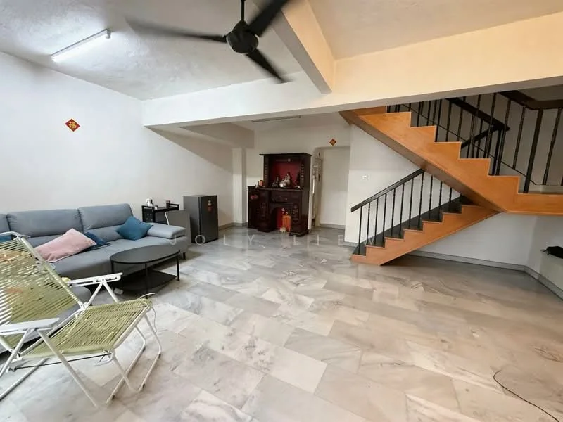 Living features: grey fabric sofa, 2-seater sofa, coffee table, marble tile flooring, ceiling fan, wooden staircase, decorative cabinet, wall-mounted decor, light-colored painted walls; style: modern.