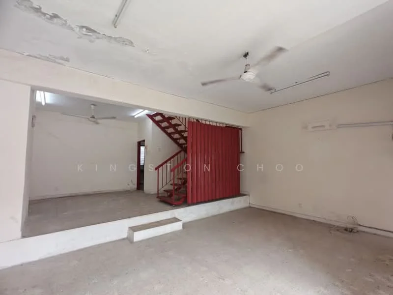Room features: exposed ceiling with visible beams, two ceiling fans, white painted walls, light-colored flooring, staircase with red railing, open layout, no visible furniture, large open space; style: minimalist.