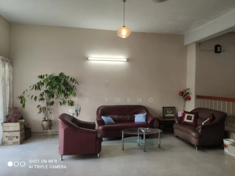 Living features: two brown leather sofas, glass coffee table, marble flooring, white painted walls, ceiling light fixture, floor-to-ceiling windows with sheer curtains, indoor plants, decorative wall art, wall-mounted light, open layout; style: contemporary.
