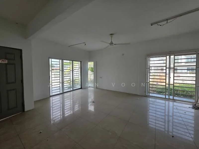 Living features: white painted walls, polished ceramic tile flooring, 5-blade ceiling fan, floor-to-ceiling windows, sliding glass door, natural light, view of greenery, open layout; style: modern; view: garden.