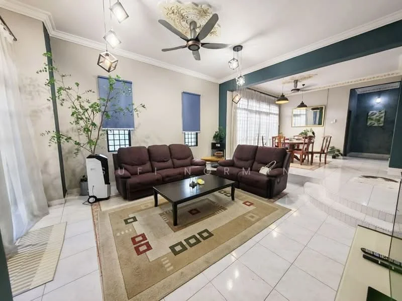 Living features: 3-seater fabric sofa in brown, 2-seater fabric sofa in brown, coffee table, area rug with geometric pattern, ceiling fan with light, recessed downlights, white painted walls, tile flooring, large windows with blue roller blinds, indoor plants, decorative wall with artwork; style: contemporary. Dining features: 6-seater dining table, wooden dining chairs, hanging pendant lights, white walls, tile flooring; style: contemporary.