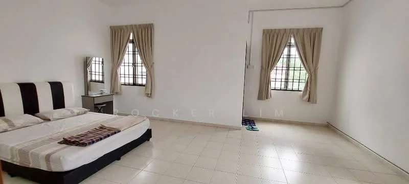 Bedroom features: queen-size bed with black and white headboard, two bedside pillows, checkered bedspread, two windows with black metal grills, sheer curtains in beige, light-colored tiled flooring, mirror on bedside table, decorative wall with no visible artwork; style: minimalist.
