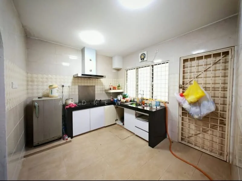 Kitchen features: white tiled walls, cream tiled backsplash, light beige floor tiles, black countertop, stainless-steel fridge, built-in oven, white cabinetry, single-bowl stainless-steel sink, chrome pull-down faucet, window with metal grille, overhead ceiling light, kitchen exhaust hood; style: modern.