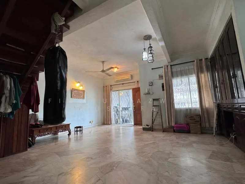 Living features: marble flooring, white painted walls, ceiling fan, 5-blade ceiling fan with light, large sliding glass door, curtains, wooden staircase, punching bag, wooden cabinet, decorative light fixtures.