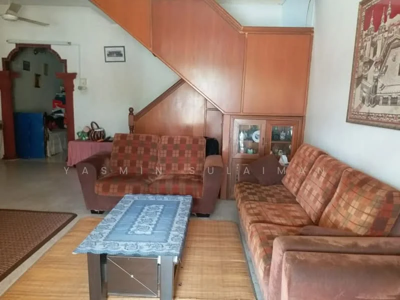 Living features: plaid fabric sofa in brown and orange, 2-seater fabric sofa, wooden coffee table with metal legs, woven area rug, wooden cabinet with glass doors, wooden staircase, painted white walls, tile flooring, decorative wall art, floor lamp; style: traditional.