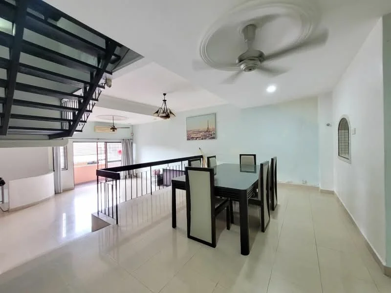 Dining features: dining table with six chairs, white walls, cream tiled flooring, ceiling fan, large windows with natural light, staircase with metal railing, decorative light fixtures, open layout to living area; style: modern. Living features: large windows, cream tiled flooring, white walls, ceiling fan, open layout to dining area, natural light, decorative wall art; style: modern.