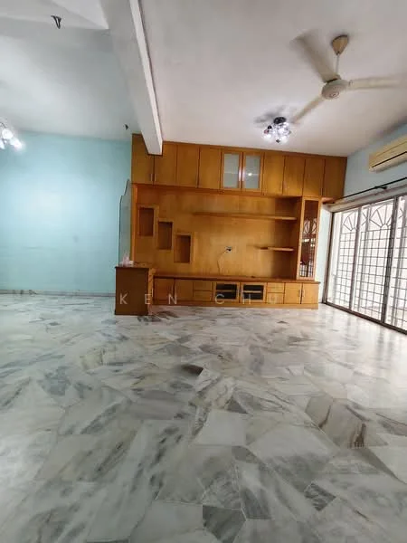 Living features: marble flooring, light blue painted walls, wooden built-in cabinetry, ceiling fan, recessed downlights, large windows with sliding glass doors, decorative wall paneling, open layout; style: traditional.