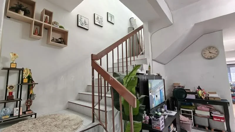 Room features: staircase with metal railing, white painted walls, grey tiled flooring, decorative wall shelves, wall clock, indoor plants, TV unit, various decorative items, open space layout; style: modern.