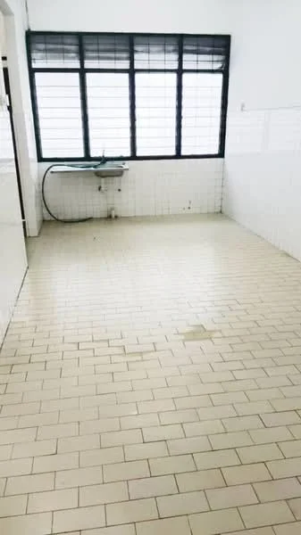 Room features: white tiled flooring, white tiled walls, large windows with black frames, sink with faucet, no visible cabinetry, no visible appliances, spacious layout, natural light from windows.