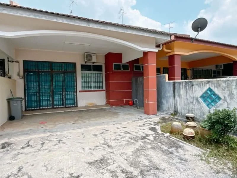 Exterior type: linked terrace house; features: red and cream painted facade, flat roof, single-storey, manicured lawn, paved driveway, satellite dish, multiple windows, outdoor wall with decorative tile, visible air conditioning unit, garbage bin, stone planters; style: modern.