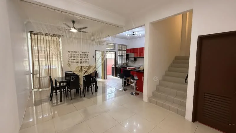 Dining features: dining table with black chairs, 5-blade ceiling fan with light, white painted walls, cream tiled flooring, large windows with sheer curtains, decorative wall art, open layout to kitchen, access to staircase; style: modern. Kitchen features: red cabinetry, black countertops, stainless-steel sink, built-in stove, bar stools, open layout to dining area; style: modern. Room features: staircase leading to upper floor, white walls, cream tiled flooring.