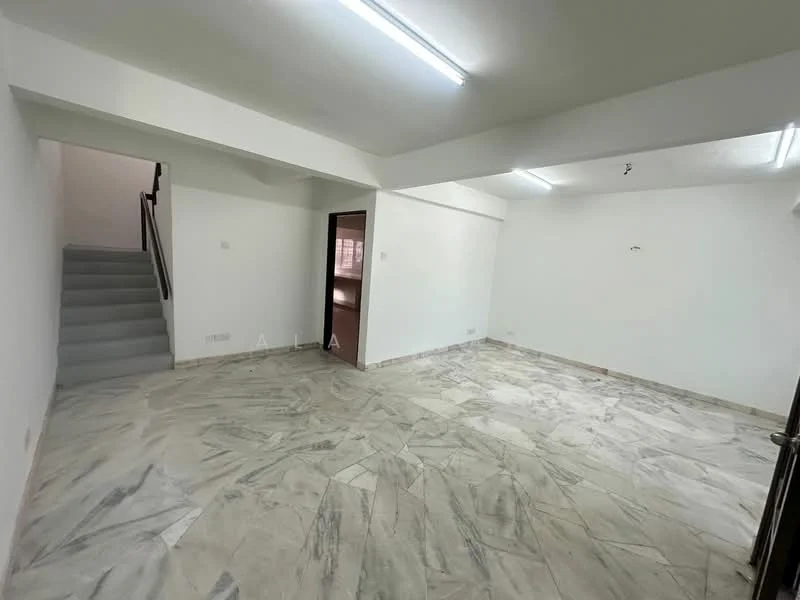 Room features: marble flooring, white painted walls, ceiling lights, staircase leading to upper floor, doorway leading to another room, large open space, no visible furniture, neutral color scheme; style: modern.