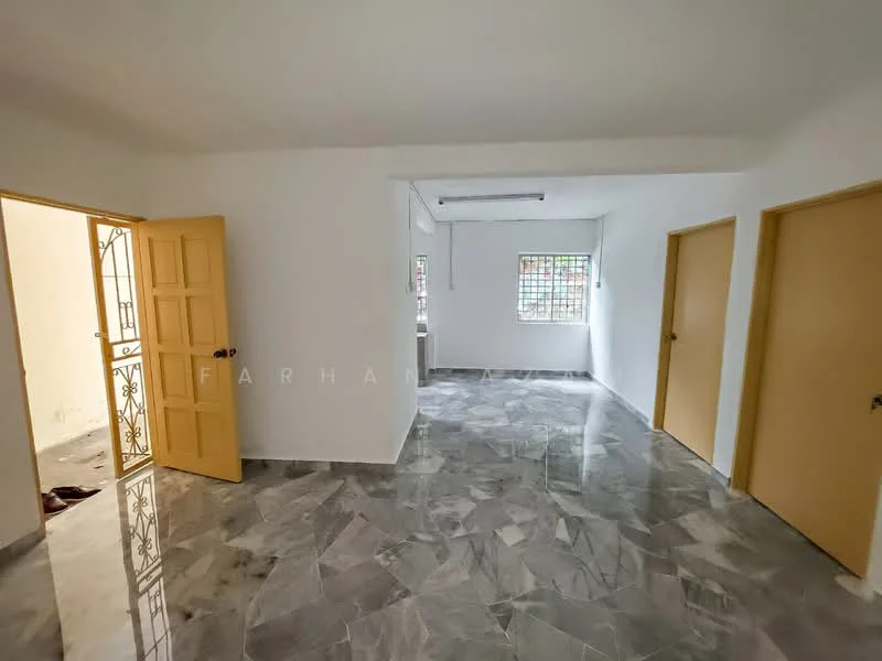 Room features: white painted walls, marble flooring, two wooden doors, one window with metal grille, ceiling light fixture, neutral color scheme, open layout, corner room; style: modern.