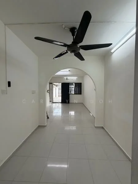 Room features: white painted walls, glossy ceramic tile flooring, 5-blade ceiling fan, arched doorway, recessed lighting, window with sheer curtains, open layout, neutral color scheme; style: modern.