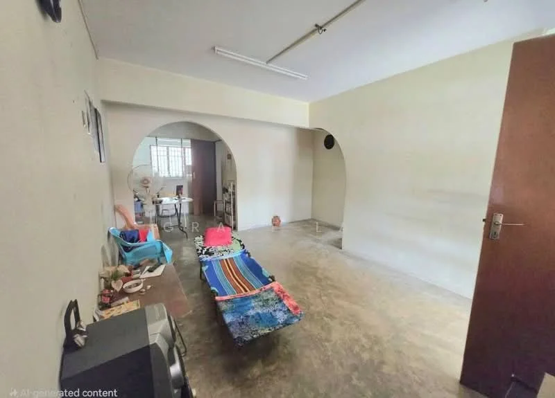 Room features: concrete flooring, painted walls in beige, arched doorway, ceiling light fixture, wall-mounted fan, folding bed or mattress, small table with items, window with natural light, minimal decor; style: minimalist.