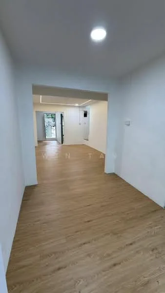 Room features: white painted walls, laminate flooring, recessed downlights, open layout, large windows, door leading to outdoor space, air conditioning unit on wall; style: modern.