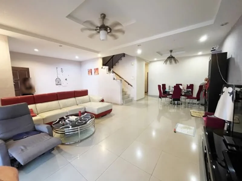Living features: L-shape sectional sofa in cream and red, coffee table with glass top, recliner chair in grey fabric, ceiling fan with light, wall-mounted TV, entertainment unit, tile flooring, decorative wall art, area rug with geometric pattern; style: modern. Dining features: 6-seater dining table with upholstered chairs, pendant light above dining table, tile flooring; style: modern.