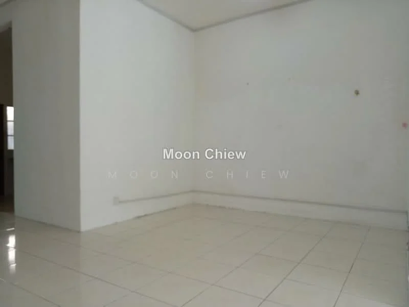Room features: white painted walls, glossy ceramic tile flooring, corner of room, no visible furniture or decor.