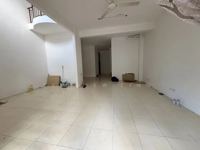 Room features: white painted walls, tile flooring, ceiling fan, open layout, large windows, no visible furniture, neutral color scheme, high ceiling.