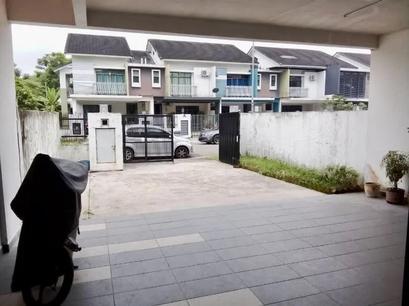 Exterior type: linked terrace house; features: paved driveway, manicured lawn, fenced perimeter, two-storey houses in background, car parked in driveway, gate at entrance, outdoor plants in pots; style: modern.