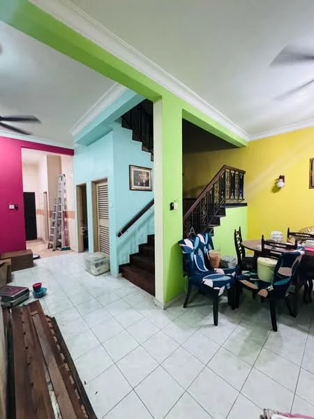 Living features: white tiled flooring, green accent wall, pink accent wall, blue accent wall, wooden staircase, black metal railing, dining table with chairs, decorative wall art, ceiling fan, open layout, natural light from windows; style: modern. Room features: white tiled flooring, wooden staircase, open layout.
