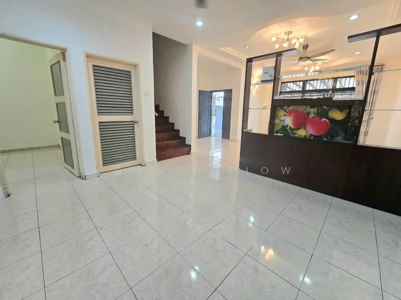 Living features: white tiled flooring, white painted walls, recessed downlights, 5-blade ceiling fan, large windows with sheer curtains, open layout, decorative wall with fruit artwork, staircase leading to upper floor; style: modern. Room features: white tiled flooring, white painted walls, door leading to another room.