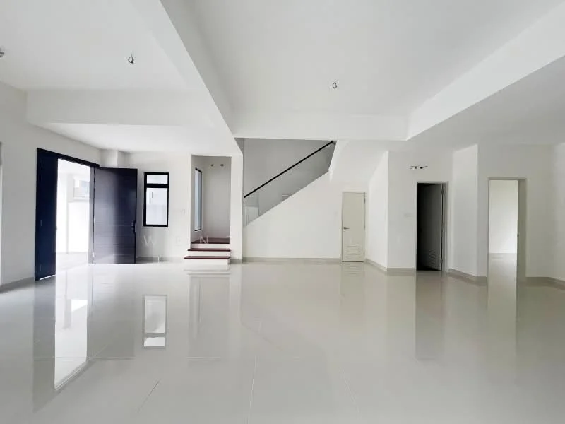 Room features: white painted walls, polished ceramic tile flooring, staircase with white risers, large windows, doorway leading to another room, open layout, high ceiling, recessed downlights; style: modern.