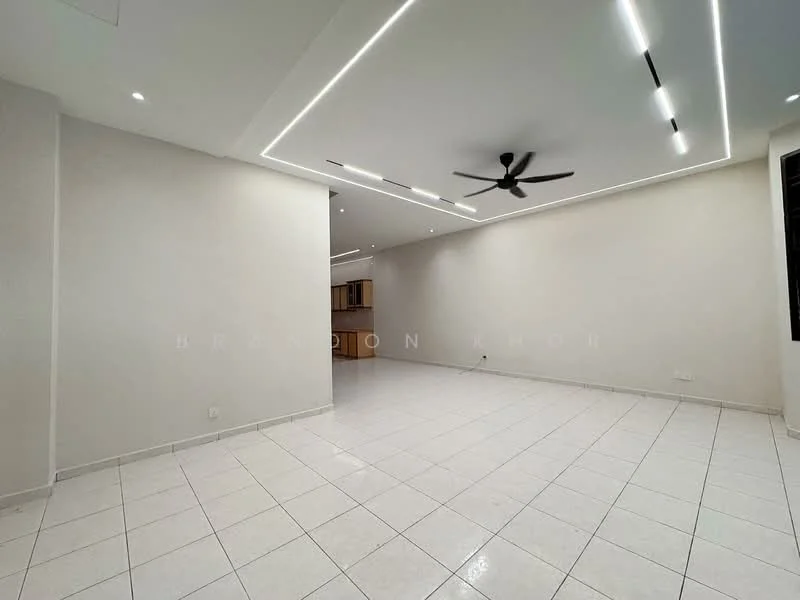 Living features: white painted walls, white tiled flooring, 5-blade ceiling fan with integrated LED light, recessed LED downlights, open layout, large windows, kitchen area visible in background; style: modern.