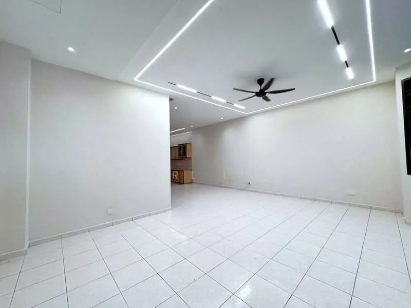 Living features: white painted walls, recessed ceiling with LED strip lighting, 5-blade ceiling fan, white tiled flooring, open layout, no visible furniture, large windows, neutral color scheme; style: modern.