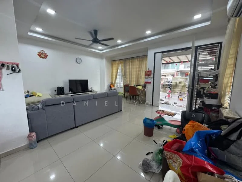 Living features: grey L-shape sectional sofa, wall-mounted TV, TV console, recessed downlights, ceiling fan, cream painted walls, white tiled flooring, large sliding glass door, curtains, decorative wall clock, coffee table, area rug, open layout to dining area; style: modern.