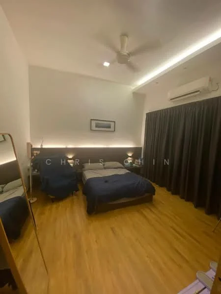 Bedroom features: king-size bed, upholstered headboard, bedside lamps, built-in wardrobe, full-length mirror, wooden flooring, ceiling fan, recessed downlights, dark grey curtains, wall-mounted air conditioning unit, decorative artwork; style: modern.