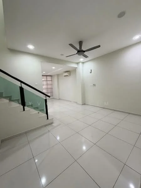Room features: white painted walls, glossy white tile flooring, 5-blade ceiling fan with light, recessed LED downlights, air conditioning unit, staircase with glass railing, open layout, large windows for natural light; style: modern.