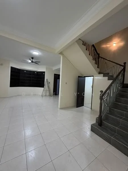 Room features: white painted walls, tile flooring, ceiling fan, staircase with wooden railing, large windows, recessed lighting, open layout, corner wall with multiple windows; style: modern.